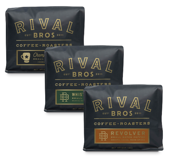 12oz bags of Rival Bros' 3 core coffee blends