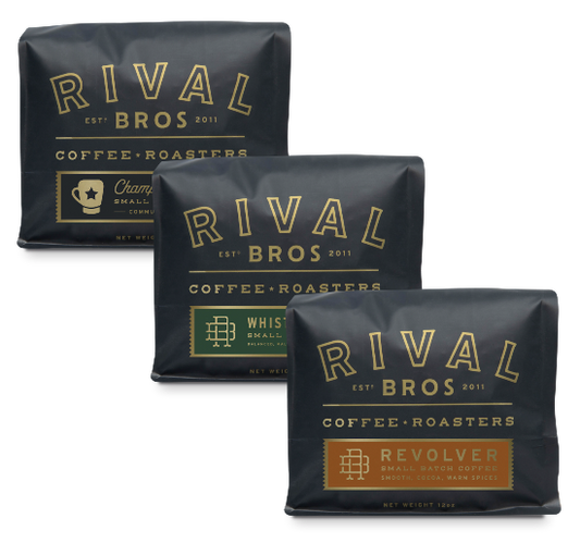 12oz bags of Rival Bros' 3 core coffee blends