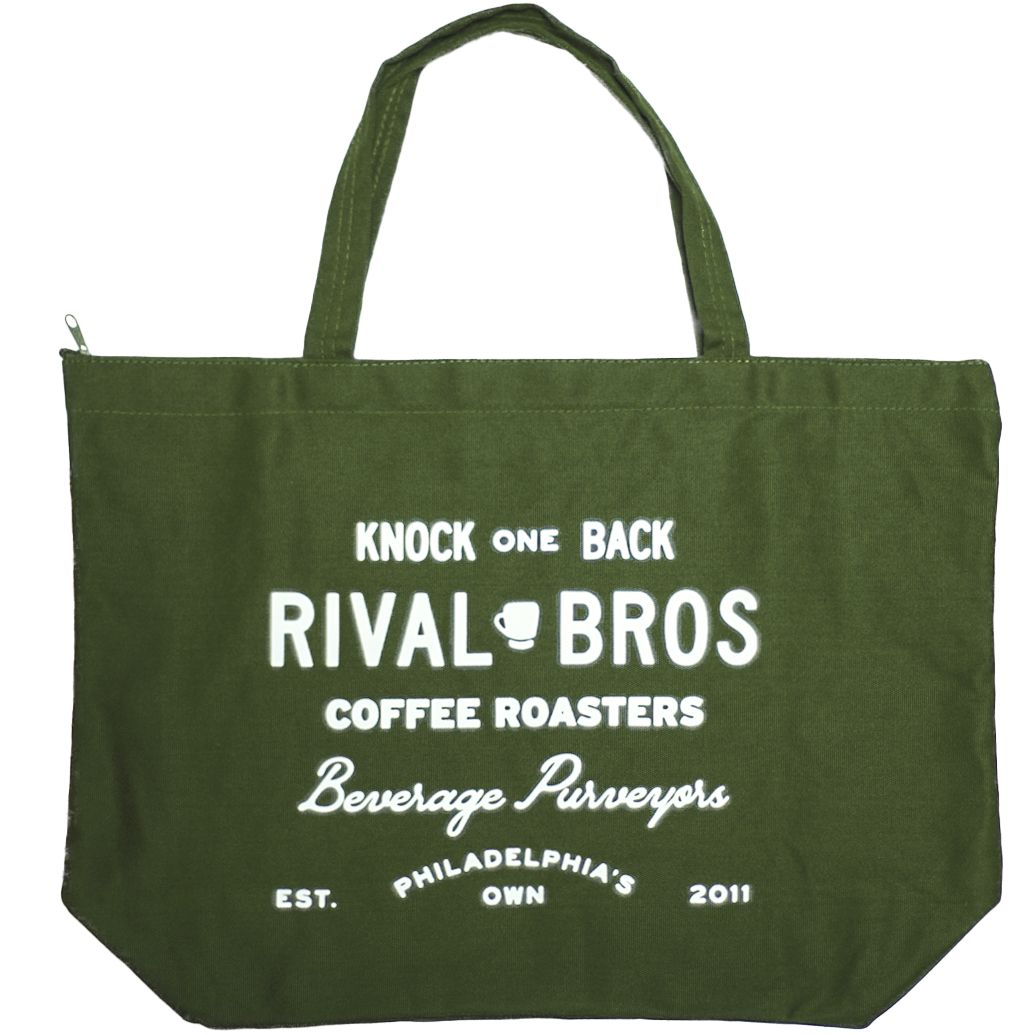 Rival Bros Canvas Zip Tote in olive green with white Rival Bros graphic