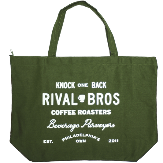 Rival Bros Canvas Zip Tote in olive green with white Rival Bros graphic