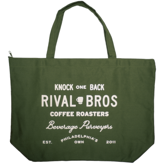 Rival Bros Canvas Zip Tote in olive green with white Rival Bros graphic
