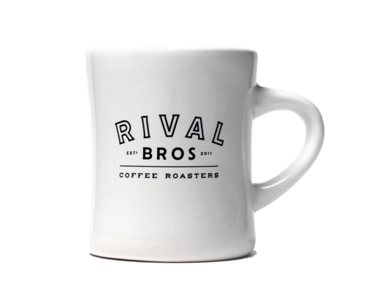 white Rival Bros coffee mug